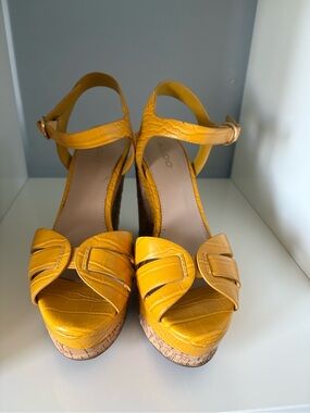 Aldo Yellow Croc-Embossed Cork Wedge Sandals